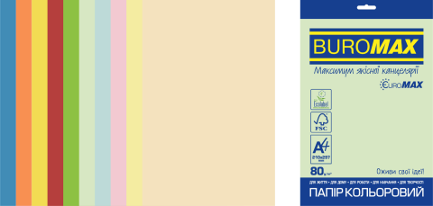 Папір кольоровий А4 (80 г/м2) SUPER MIX, EUROMAX, 250 аркушів (10 цв. x 25) пастель + неон