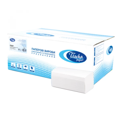 Рушник паперовий V-складка 22,5x22,5 см, Tischa Papier BASIC, целюлоза біла, 2-шарові (20 пачок/ 3200 аркушів = 1 ящ )