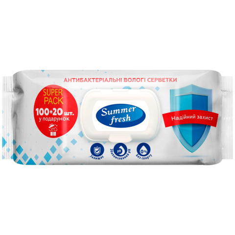 Салфетки влажные антибактериальные, 120шт., Summer Fresh